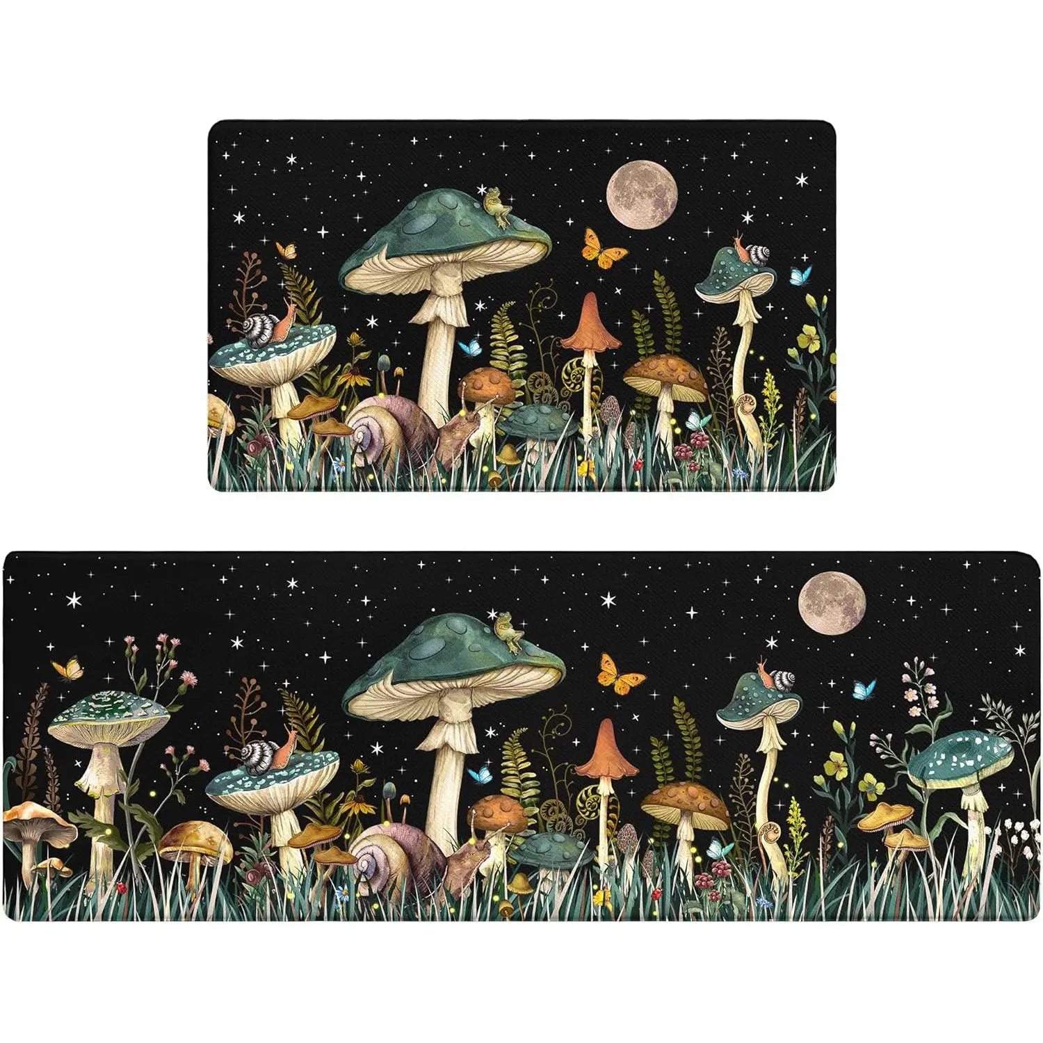 Mushroom Kitchen Rugs Mats for Floor Cushioned Anti Fatigue Green Black Kitchen Rug Sets of 2 Butterfly Non Slip Waterproof Comfort Memory Foam Standing Floor Mat for Office Laundry Sink Desk