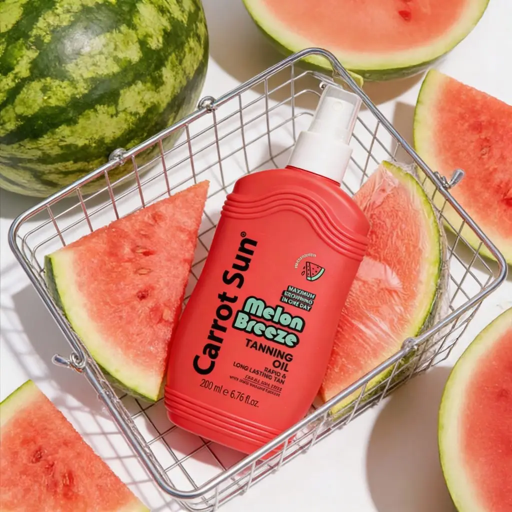 Carrot Sun MelonBreeze Watermelon Tanning Oil - 200ml, Lightweight Nourishing Almond Oil Spray, Moisturizing Body Care for Beach or Pool Use Infused with Vitamins