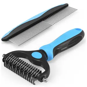 Pet Grooming Combo - Blue Deshedding Brush with Metal Comb for Detangling and Dematting Long Matted Fur on Cats and Dogs Safe Design Ergonomic Handle
