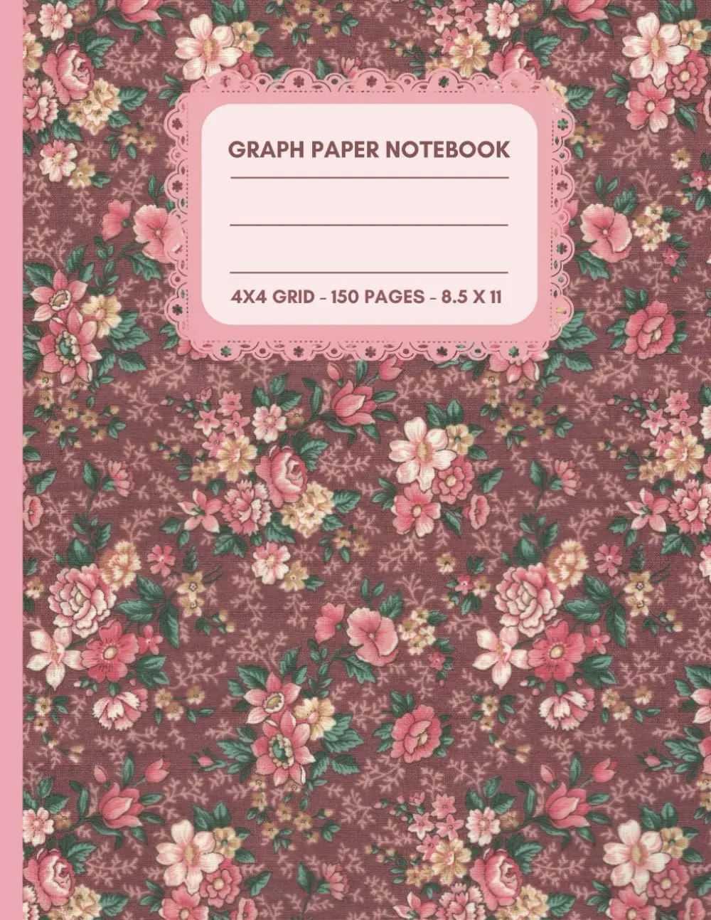 Graph Paper Notebook Pink Cute Vintage Floral Aesthetic 4 x 4 Grid Paper Quad Ruled 150 Pages 8.5 x 11" For Girls Students School Coquette Pretty