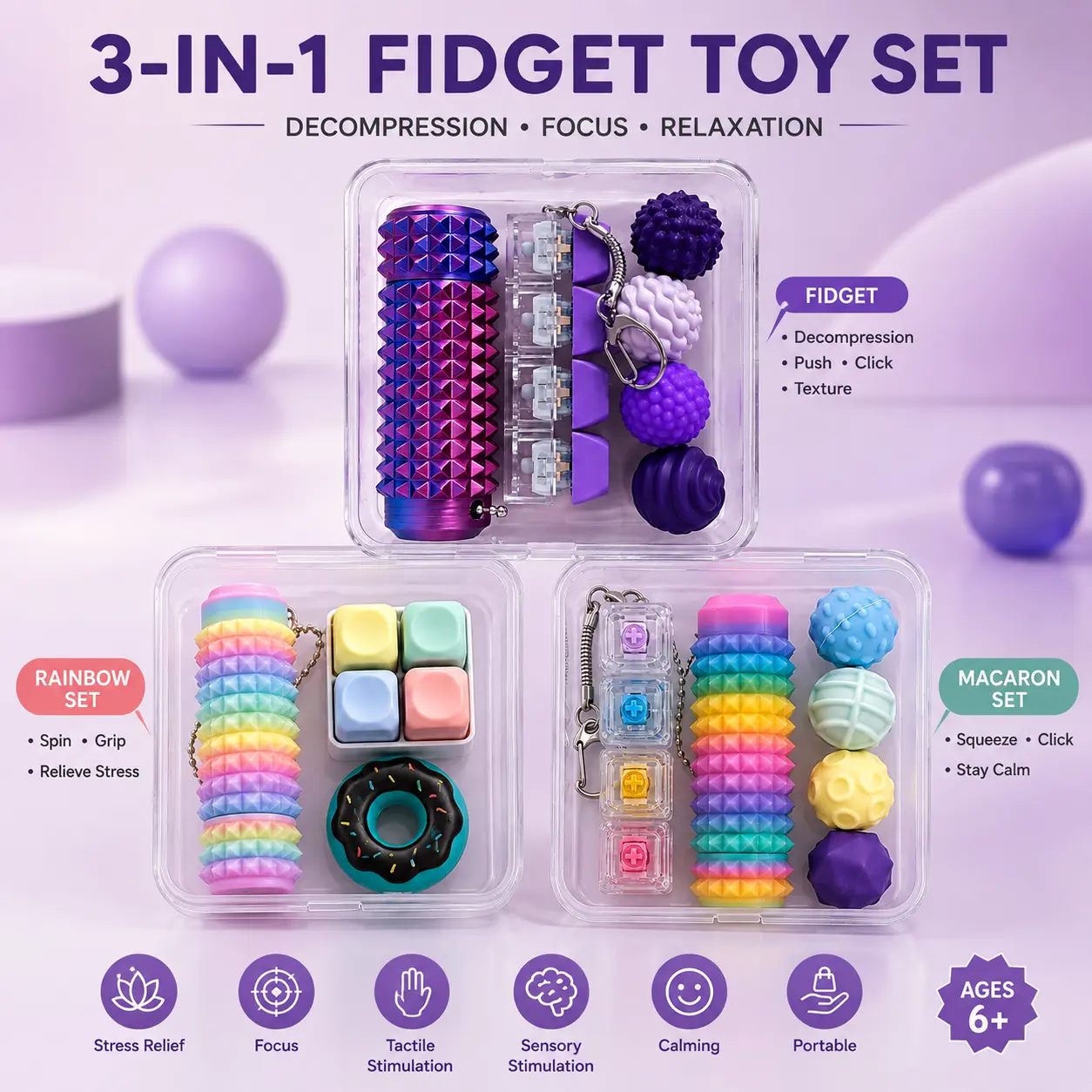 3-in-1 Fidget Toys Set: Spiky Grippie Stim Keychain, Mini Pop Keyboard & Stress Relief Magnetic Balls – Perfect Gift for Friends