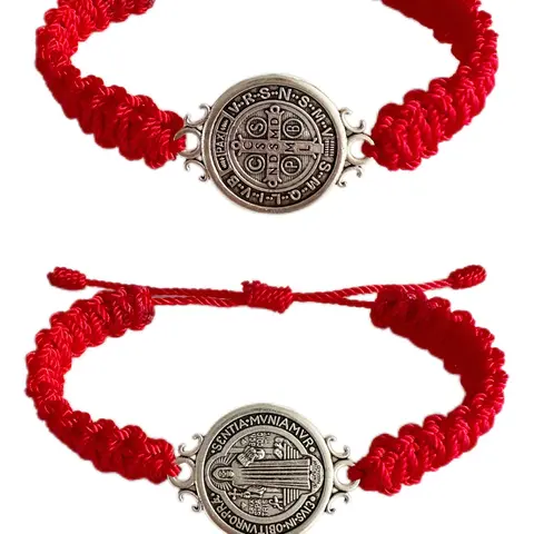 2 Pcs Red St. Benedict Bracelets with Cross Charm and Black Adjustable Cord, Bracelet Sets, Saint Benedict Medal, Catholic Religious Symbolism Jewelry Gift for Men and Women, Religious Wristband, Prayer Bracelet, Exquisite Bracelet, Bracelet Bundle
