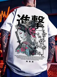 Men's Casual Fashion Short Sleeve Fitted T-Shirt, Japanese Death Note Pattern Print, & Art Design, Medium Stretch Round Neck Summer Streetwear