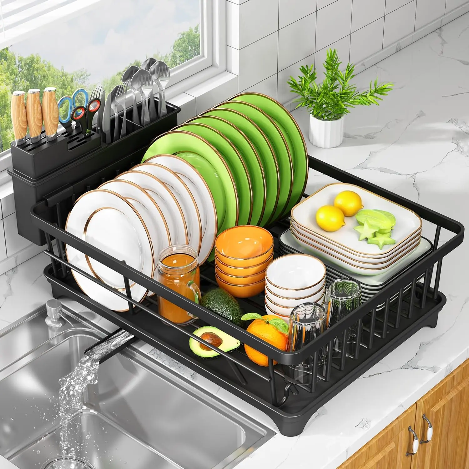 Dish Rack for Kitchen Counter, Rust-Resistant Kitchen Drying Rack, Space-Saving Dish Drainer Organizer with Utensil Holder
