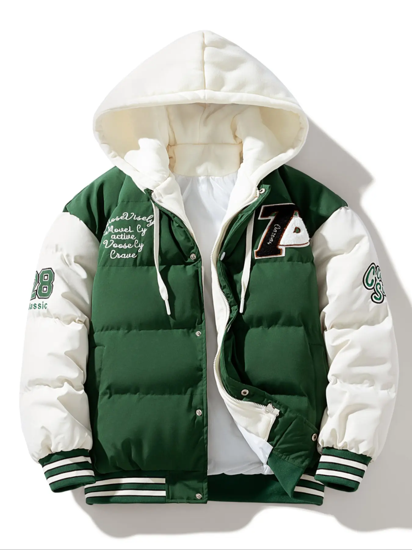 Men's Casual Hooded University Jacket, 100% Polyester, Zipper Padded Shoulders, Regular Fit, Long Sleeve, Letter Pattern, Loose Style, Casual Fitted Jackets