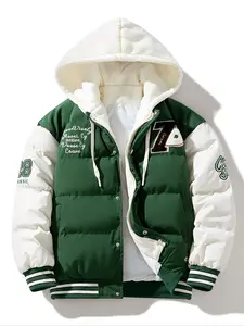 Men's Casual Hooded University Jacket, 100% Polyester, Zipper Padded Shoulders, Regular Fit, Long Sleeve, Letter Pattern, Loose Style, Casual Fitted Jackets