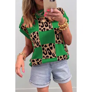 Green Leopard Checkerboard Short Sleeve Knit Sweater