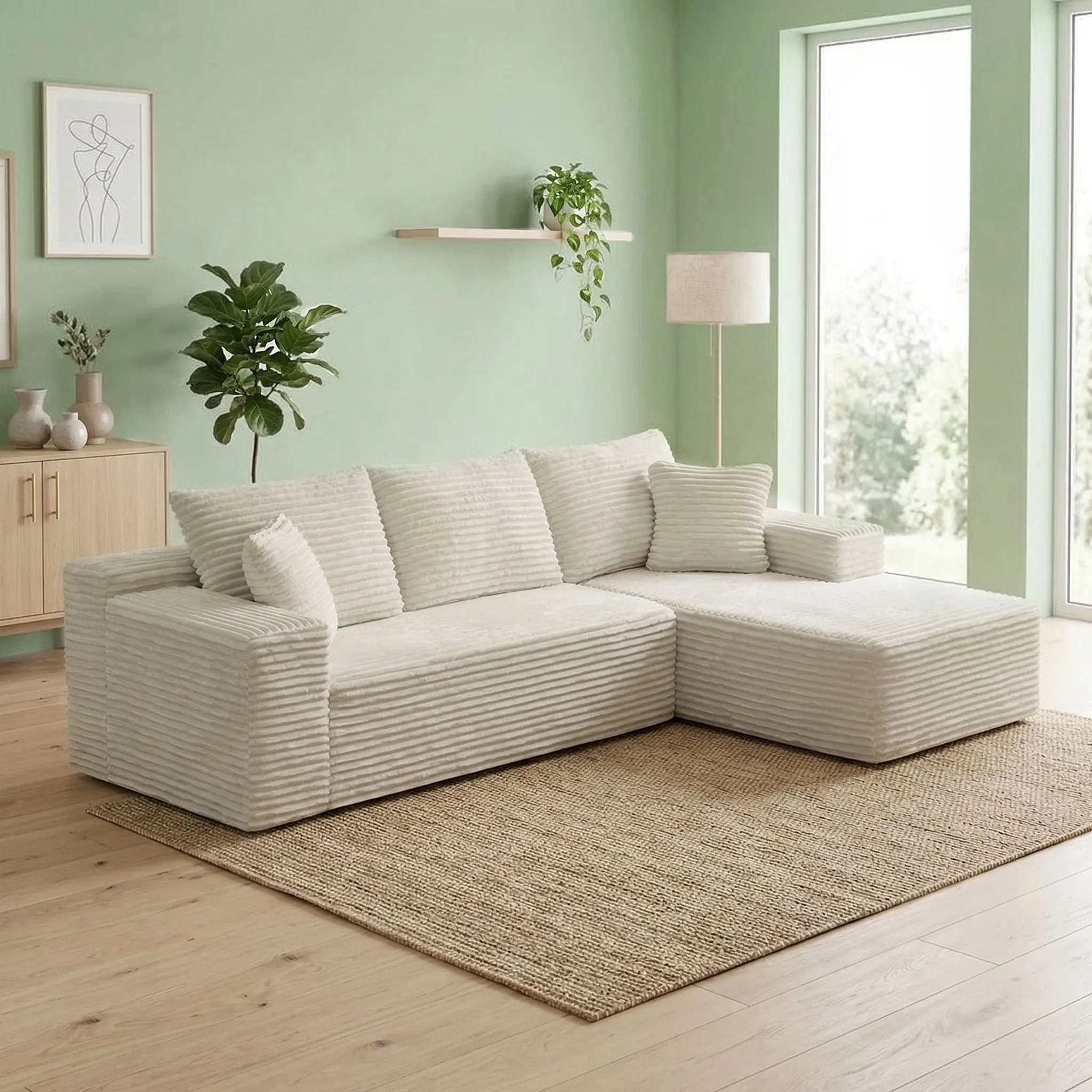 【2 Packages Shipping】Oversized Modular Cloud Couch 105'' L-Shaped Corduroy Sectional Sofa with Deep Seat, Upholstered Free Combination Floor Sofa for Living Room, No Assembly Required