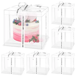 6 Pcs Clear Cake Boxes with Lids Plastic Transparent Gift Boxes with Ribbon 10x10x10 Inch Cake Packaging Boxes PET Cake Carrier Transport Container for Birthday Party and Wedding