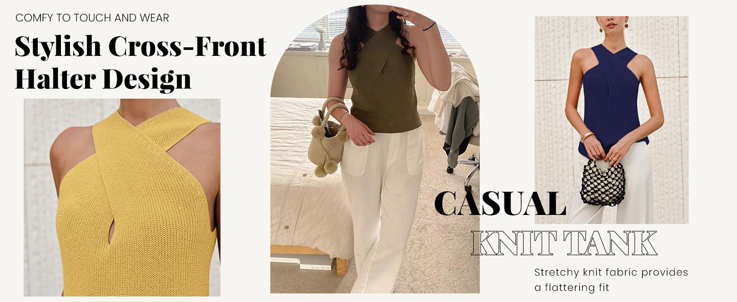 YeeZaa Women's Halter Tank Top Knit Cross Over Collar Sleeveless Solid Color Casual 2026 Spring Summer Blouse Knit Tank Vest