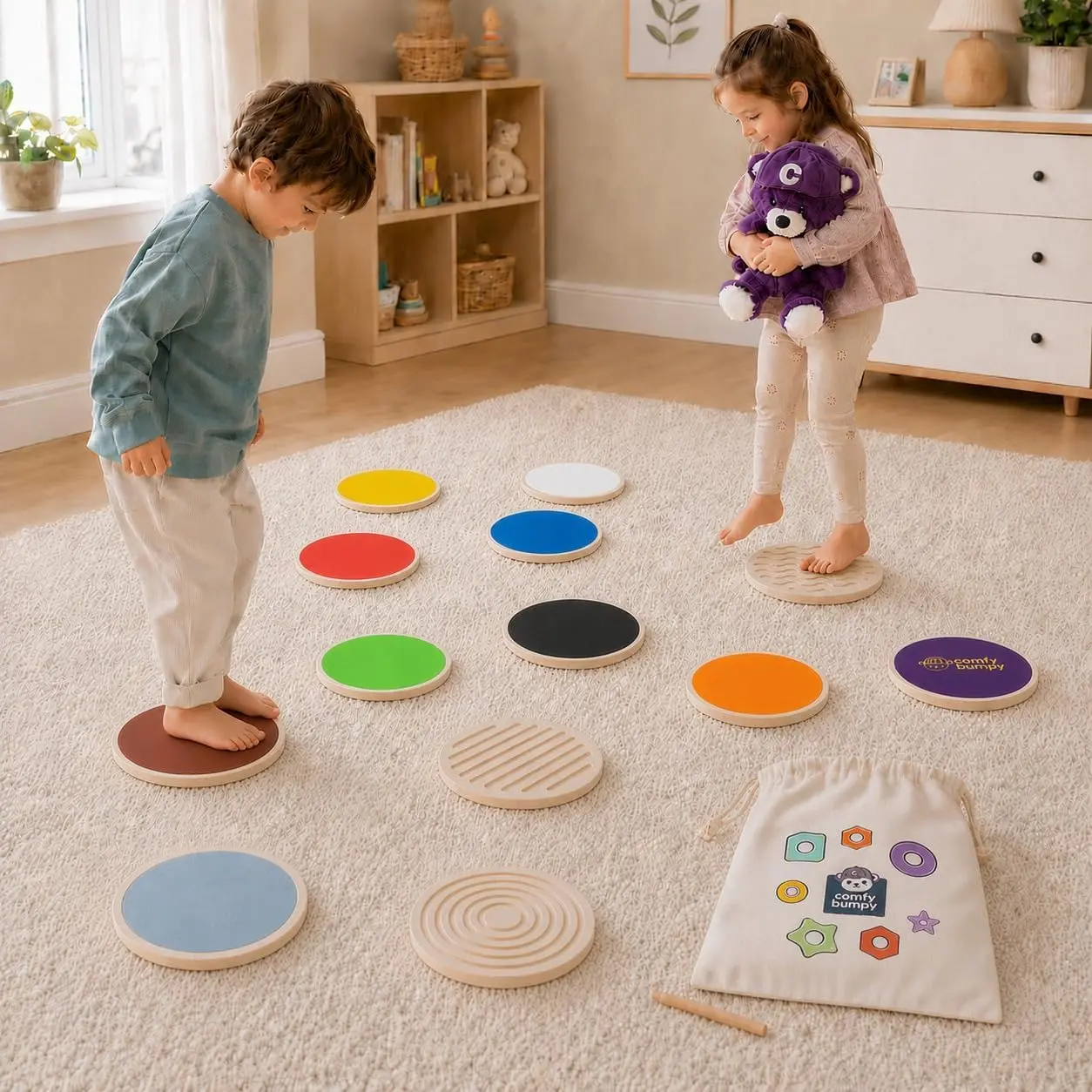 ComfyBumpy 13-Piece Wooden Stepping Stones for Kids | Double-Sided Montessori Balance Blocks with Colors, Numbers & Shapes for Toddlers