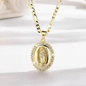 14K Gold Plated Virgin Mary Oval Pendant For Women,AAAAA+ Zirconia With Figaro Chain Religion Mother's Day gift