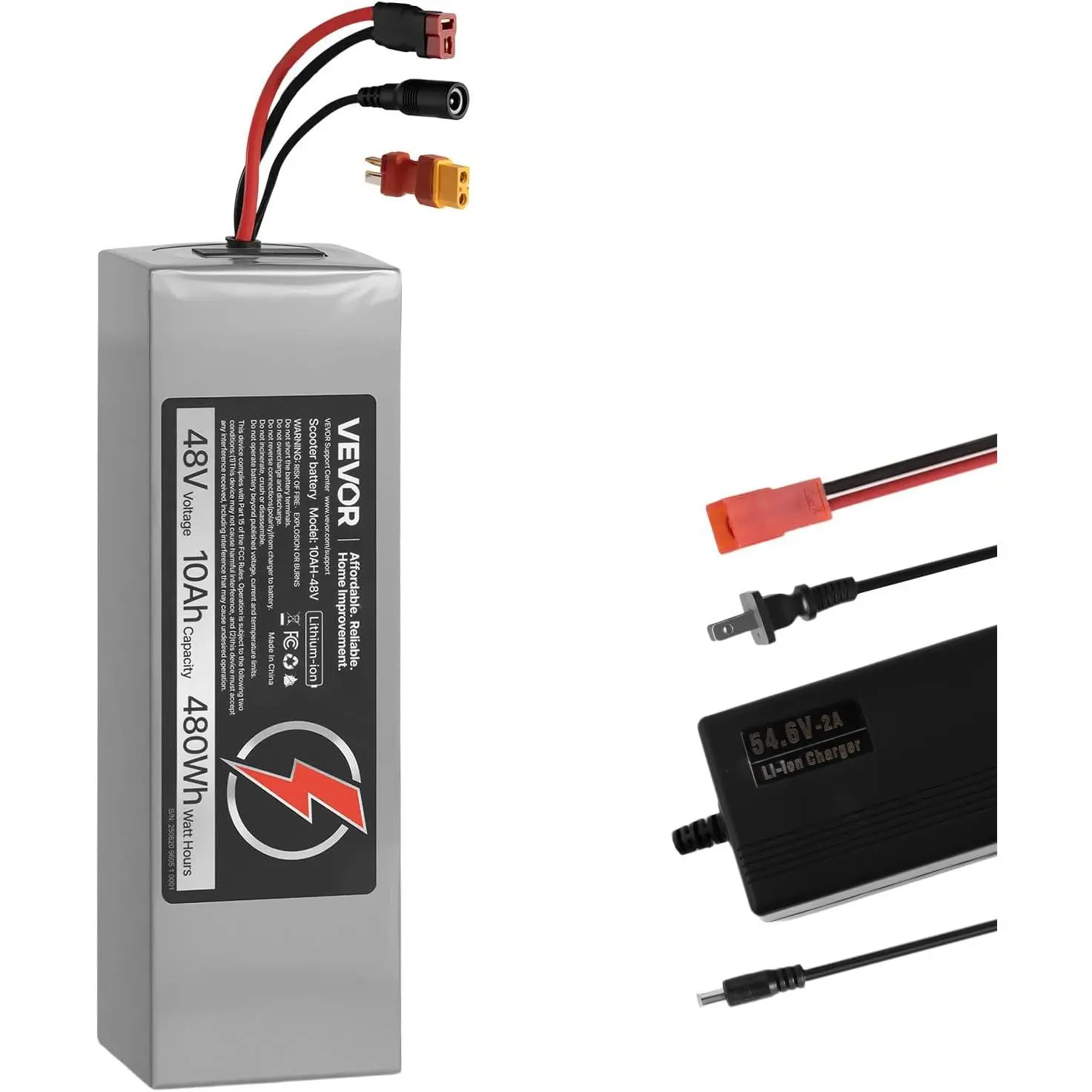VEVOR 48V 10Ah Electric Scooter Lithium Battery Pack, 30A BMS Protection, Fast Charging, IP66 Waterproof, Easy Setup, 30A BMS, Charger, T-Plug Expansion Cable, 500+ Cycles, Compatible with 2400W Motors, for Electric Bikes & Scooters