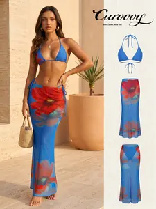 Curvvvy Swim 2026 Sexy Women’s Bikini Set with Cover Up, Golden Hour Sapphire Bloom 3-Piece Bikini Set Summer Vacation Swimwear for Women