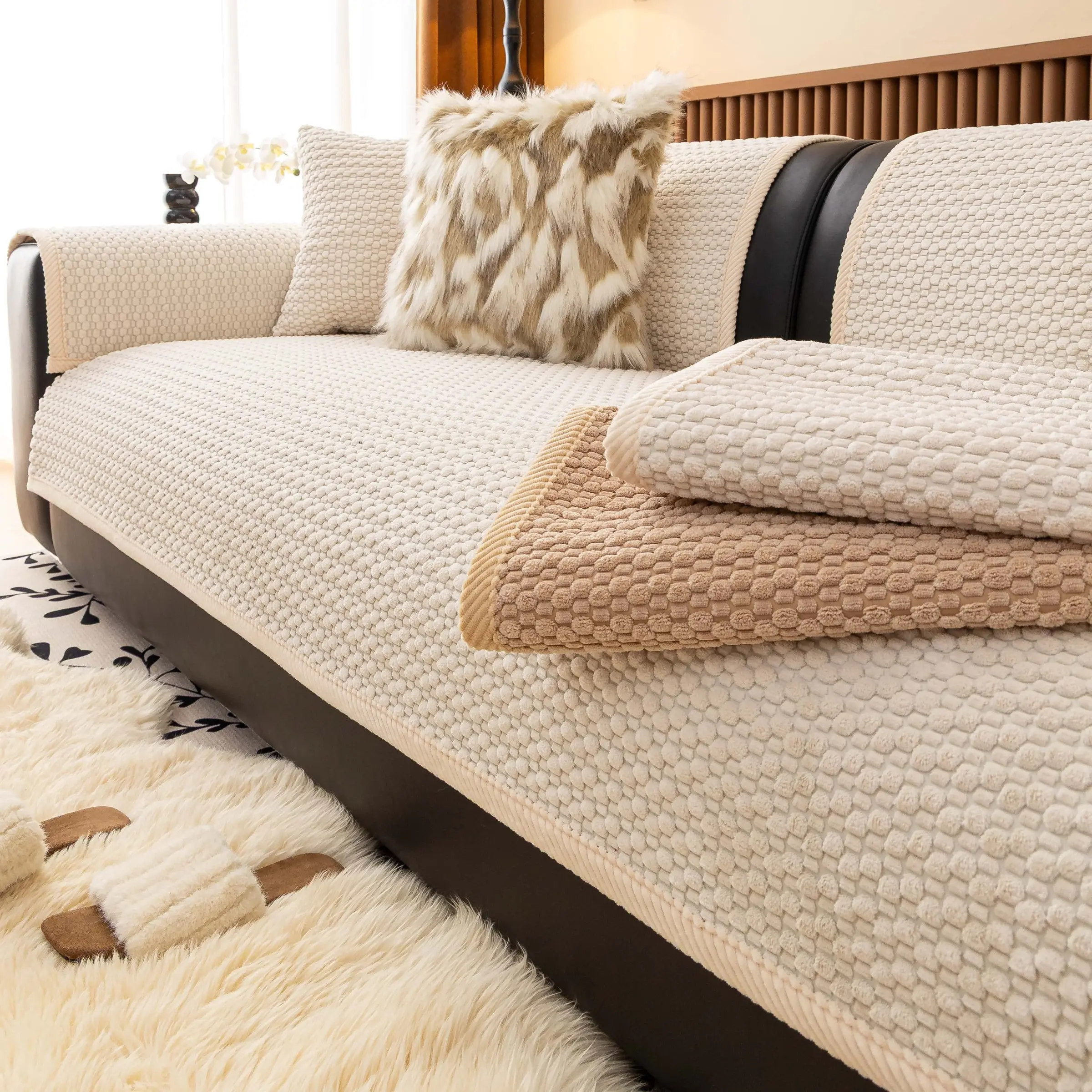 Non Slip Sofa Mat Couch Cover, Pet Friendly Furniture Protector, Reusable Couch Protector, Soft Sofa Protector, Sofa Covers Washable, Thick Washable Sofa Pad for Dogs & Cats, Beige Textured Slipcover, Fits Armchair/Loveseat/2-3-4 Seater & Sectional