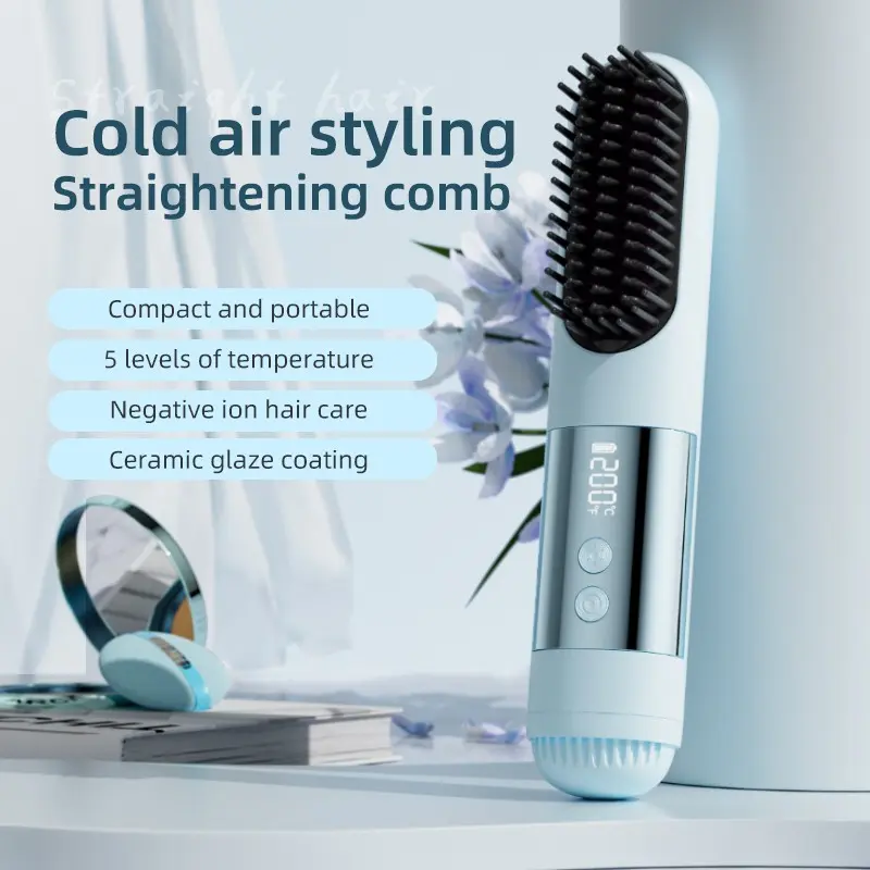 Wireless Portable Mini Straightening Comb, Macaron Color Options, Constant Temperature LED Display, USB Charging, Four Heat Settings, Hair Straightening Brush