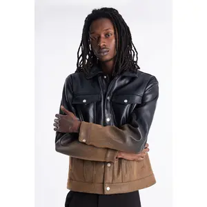 Ombre Faux Leather Trucker Jacket - Brown/combo Ombre Faux Leather Trucker Jacket - Brown/combo