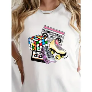 Vintage Graphic Print Crew Neck T-shirt, Casual Short Sleeve Top For Spring & Summer, Women's Clothing