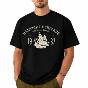Unisex Graphic Print T-Shirt for Men and Women, Nautical Ship Vintage Design Crew Neck Short Sleeve Casual Tee, Ocean Inspired Streetwear Top for Daily Wear, Travel and Outdoor Outfit, Comfortable Fit Classic Fashion Shirt