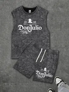 Men’s summer letter-print washed cotton athletic tank top and shorts set; casual loose fit with a drawstring waist; beach shorts with pockets; emo/moody aesthetic; Y2K style; suitable for running, golf, fishing, basketball, camping, gym, swimming, and the