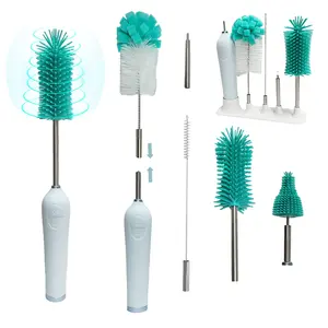 Electric Baby Bottle Brush with Holder, Stainless Steel Automatic Bottle Cleaner Brush with Extension Handle,Sponge Bottle Brush,Silicone Water Bottle Cleaner,Nipple Brush, Straw Brush,Green
