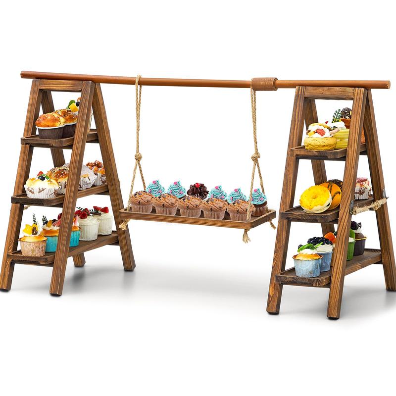 3 Tier Wooden Cupcake Stand - Wood Cake Dessert Table Display Set with Swing, Rustic Party Food Cookie Snack Display with Serving Tiered Tray Ladder Stands for Birthday Wedding Baby Shower