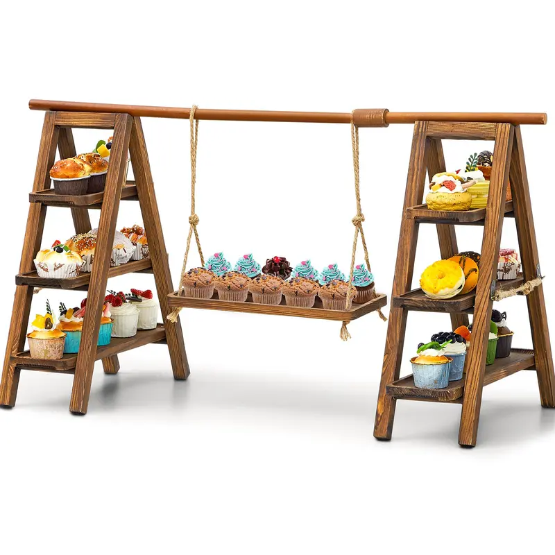 3 Tier Wooden Cupcake Stand - Wood Cake Dessert Table Display Set with Swing, Rustic Party Food Cookie Snack Display with Serving Tiered Tray Ladder Stands for Birthday Wedding Baby Shower