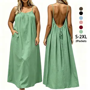 Women's Solid Color Backless Spaghetti Strap Cami Long Dress with Pocket, Casual Minimalist Sleeveless Short Dress for Summer, Ladies Clothes for Beach Holiday Vacation, Backless Short Dresses, Womenswear