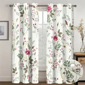 2pcs, Spring Floral Green Plant Flower Digital Printing Living Room Curtains, 12 Perforated Curtains for Living Room Furniture Decoration,rodless