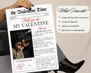 Will You Be My Valentine poster, Trendy CUSTOM Newspaper print, Personalized Valentine Gift wall art, Valentines Day Magazine, Decor for Roommates