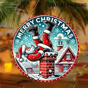 Country Style Santa Chimney Wooden Wall Decor, Round Wood Hanging Ornament for Kitchen & Bedroom, Christmas Decoration