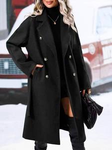 women's solid duble buttons belted woolen coat, casual lapel long sleeve coat for fall & winter, women's clothing for daily wear, basic jackets, outerwear