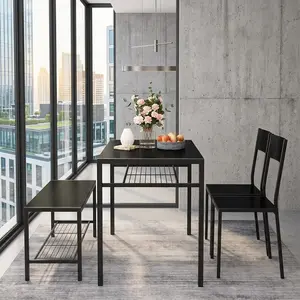 4 Piece Rectangular Dining Table Set, Household Dining Furniture with 2 Ergonomic Backrest Chairs and Storage Bench, Space Saving Multifunctional Dinner Desk Combo, Sturdy MDF Dining Set for Home Kitchen Living Room Study Daily Working Eating Use