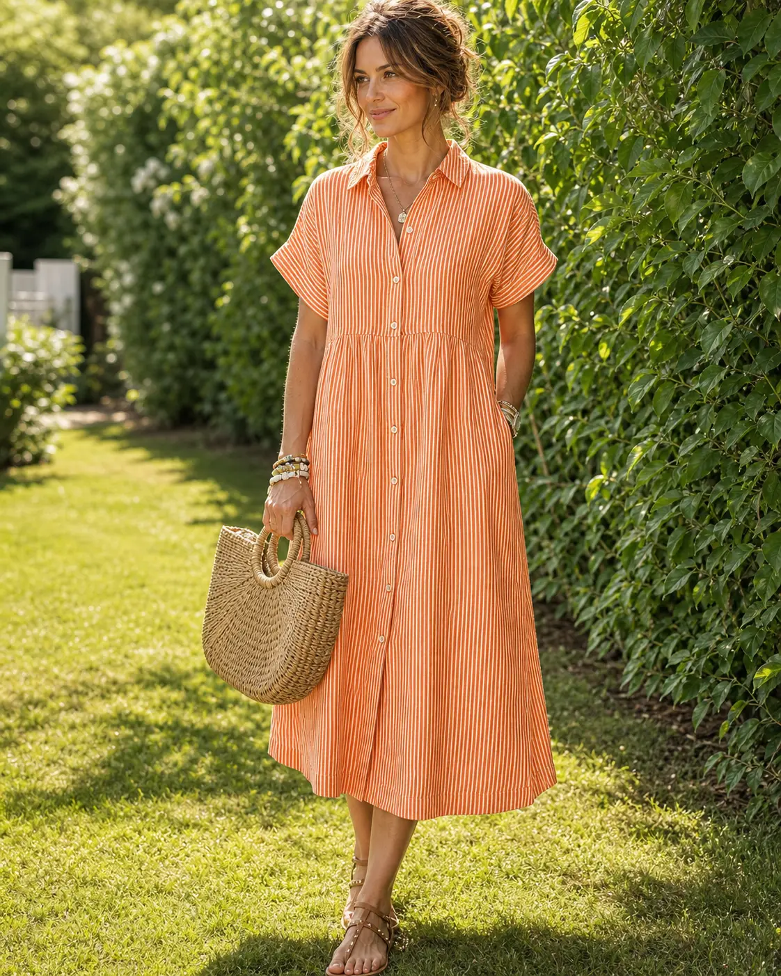 Striped Shirt Dress for Women, Loose Fit Midi Dress with Button Front and Side Slits, Lightweight Cotton Blend Casual Boho Dress with Pockets for Office, Beach Vacation, Travel, Summer Daily Wear and Weekend Outfits