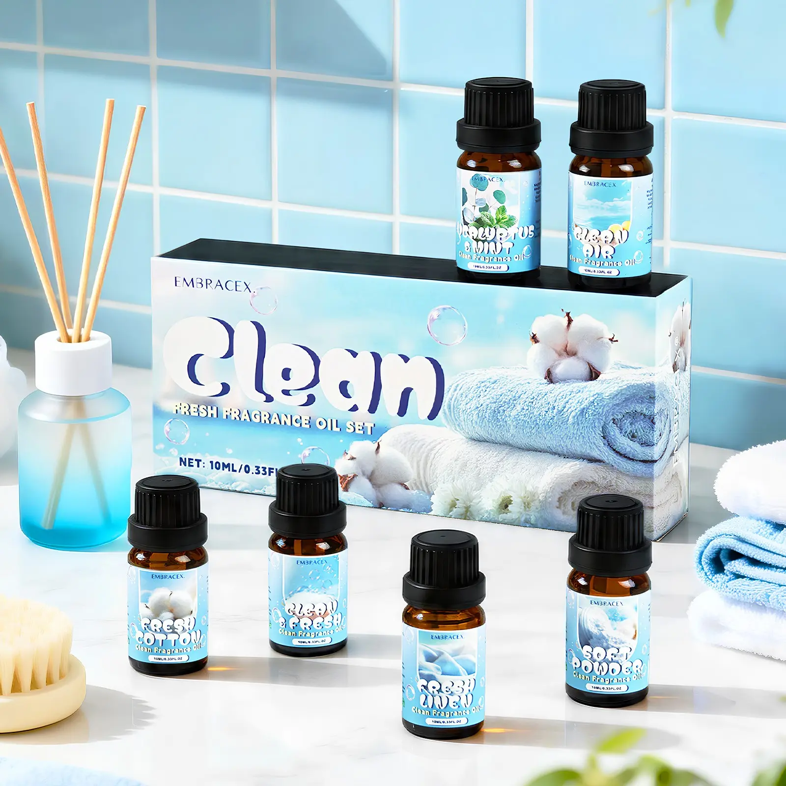 6pc/1set 10ML Clean Essential Oils, Scented Oil, Home Fragrance, Fresh Cotton Linen Eucalyptus Mint, Multi-Use for Diffusers Soap Candles, Alcohol-Free Long-Lasting Scent