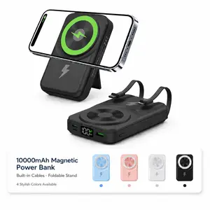 10000mAh Magnetic Wireless Power Bank with LED Battery Display, 22.5W Fast Charging, Built-in USB-C & Lightning Cables, Foldable Stand Portable Charger for iPhone, Samsung & Android