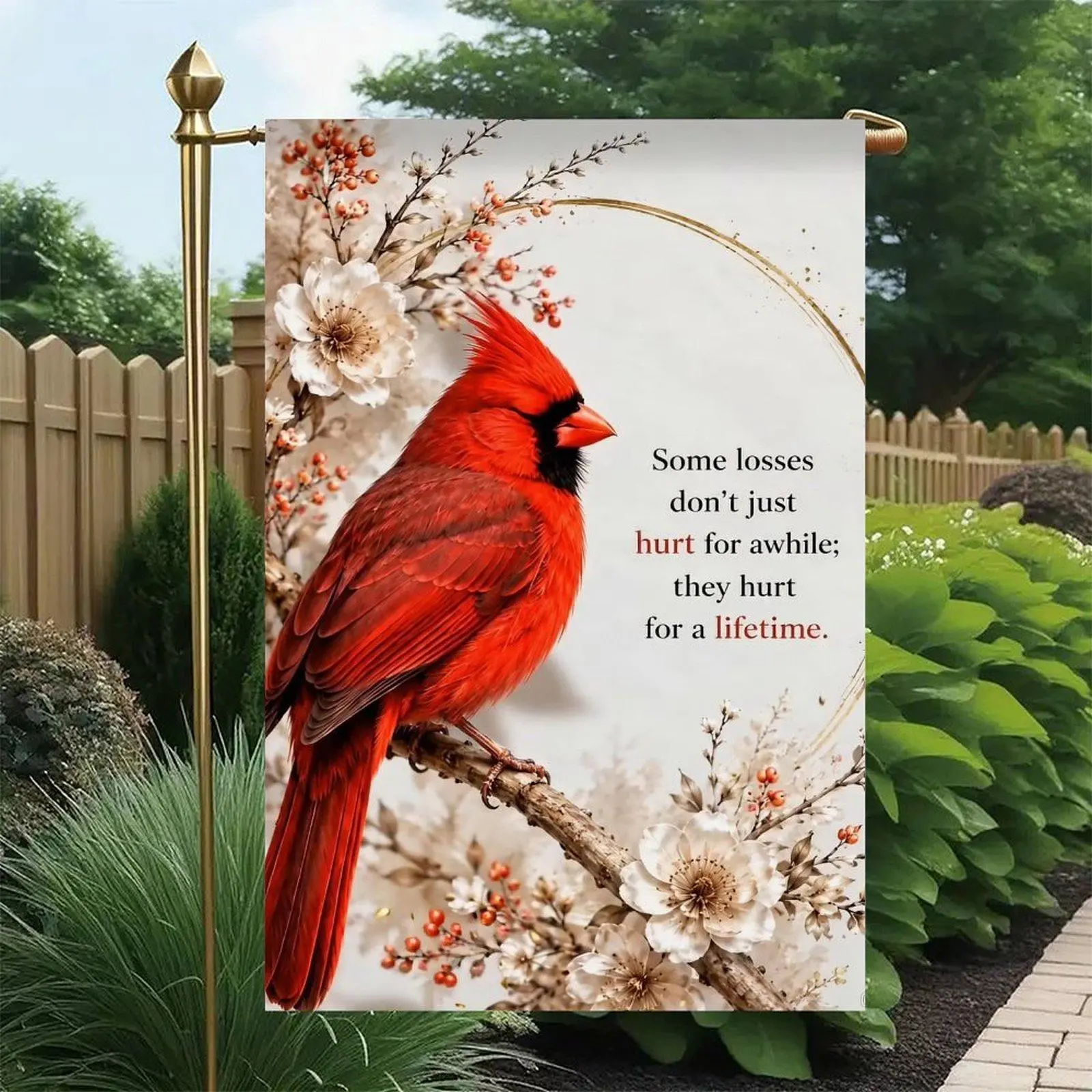 Some Losses Hurt For A Lifetime Red Cardinal White Blossom Berry Branch Grief Sympathy Garden Flag Double-Sided 12x18in, Memorial Comfort Gentle Front Yard Sign