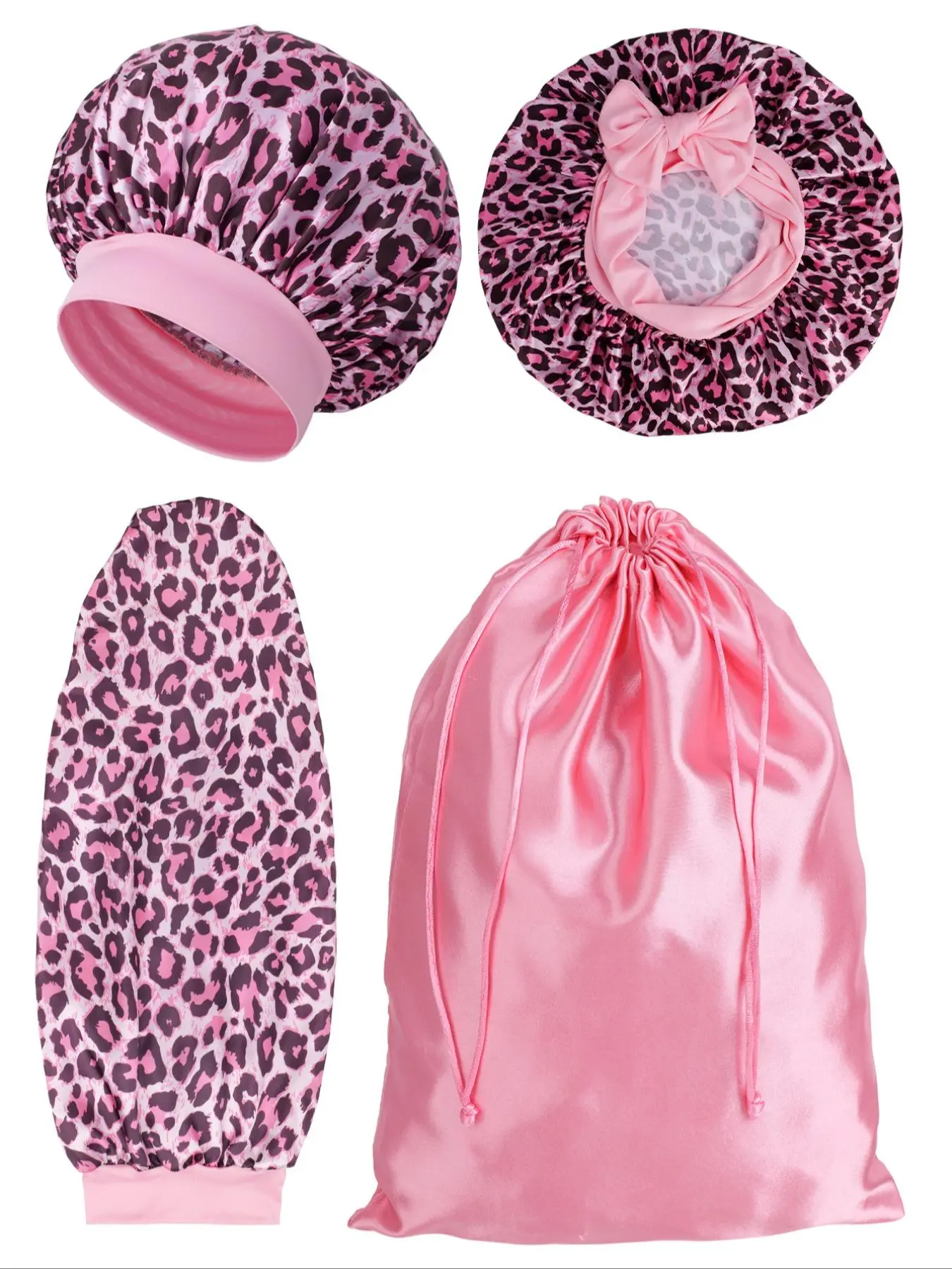 Leopard Print Satin Silk Sleeping Bonnet & Drawstring Storage Bag Set, Wide Band Bonnet for Sleeping, Fashion Accessories for Women & Girls, Haircare, Adjustable Satin Bonnet, Hair Care Cap