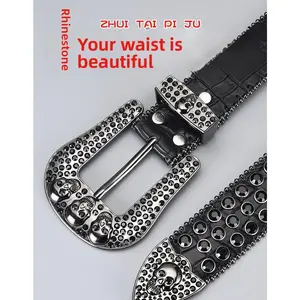 European and American style dark skull rhinestone-embellished belt with high-end pin buckle, full of sparkling sequins, hip-hop decoration, nightclub leather belt for women