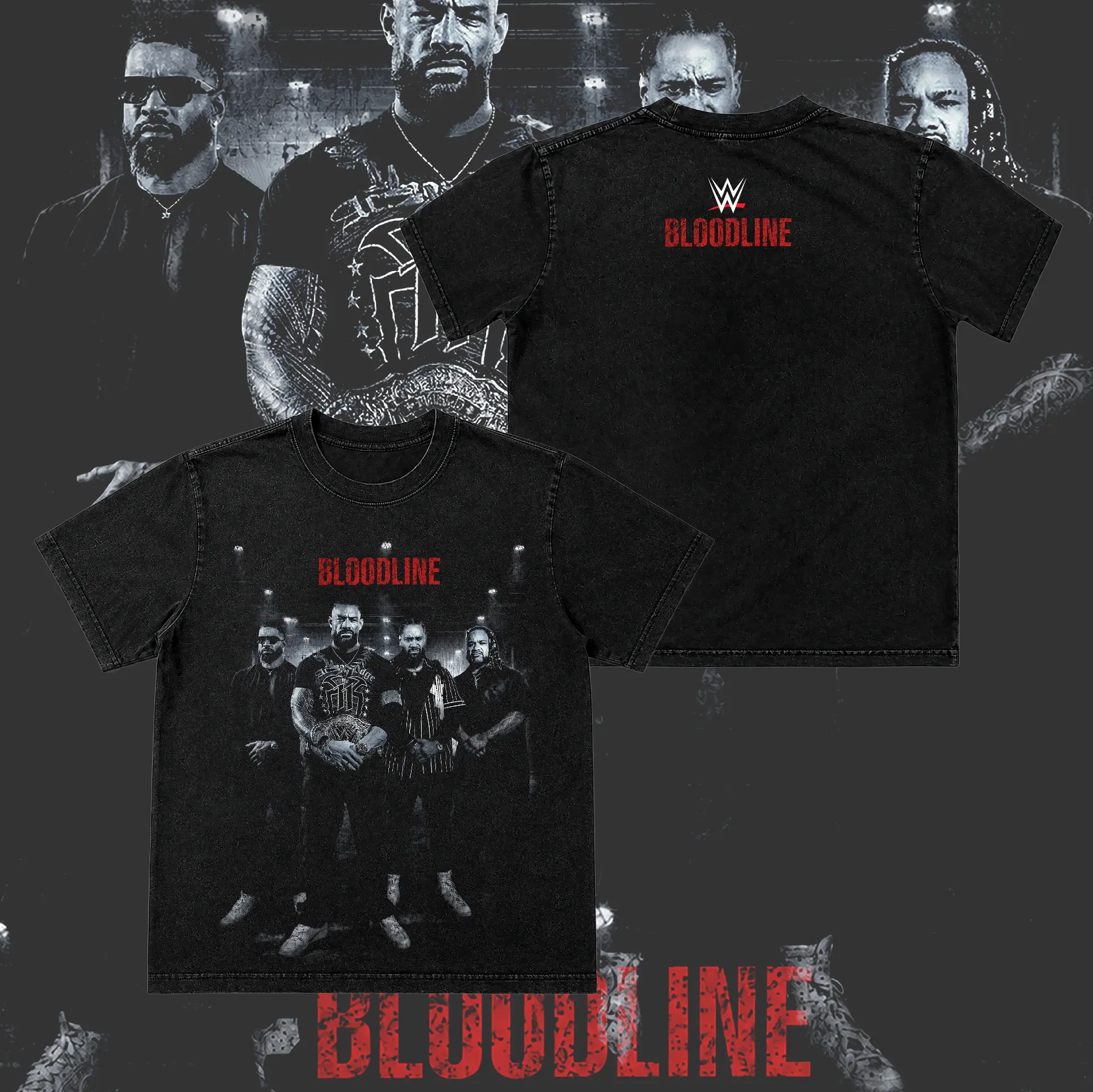 Men's V3 WWE The Bloodline Roman Reigns Oversized Shortsleeve Cotton Fabric Top - Vintage Washed Printed Relaxed T-Shirt, Tribal Chief All-Season Casual Streetwear Tee with Front & Back Wrestling Graphics