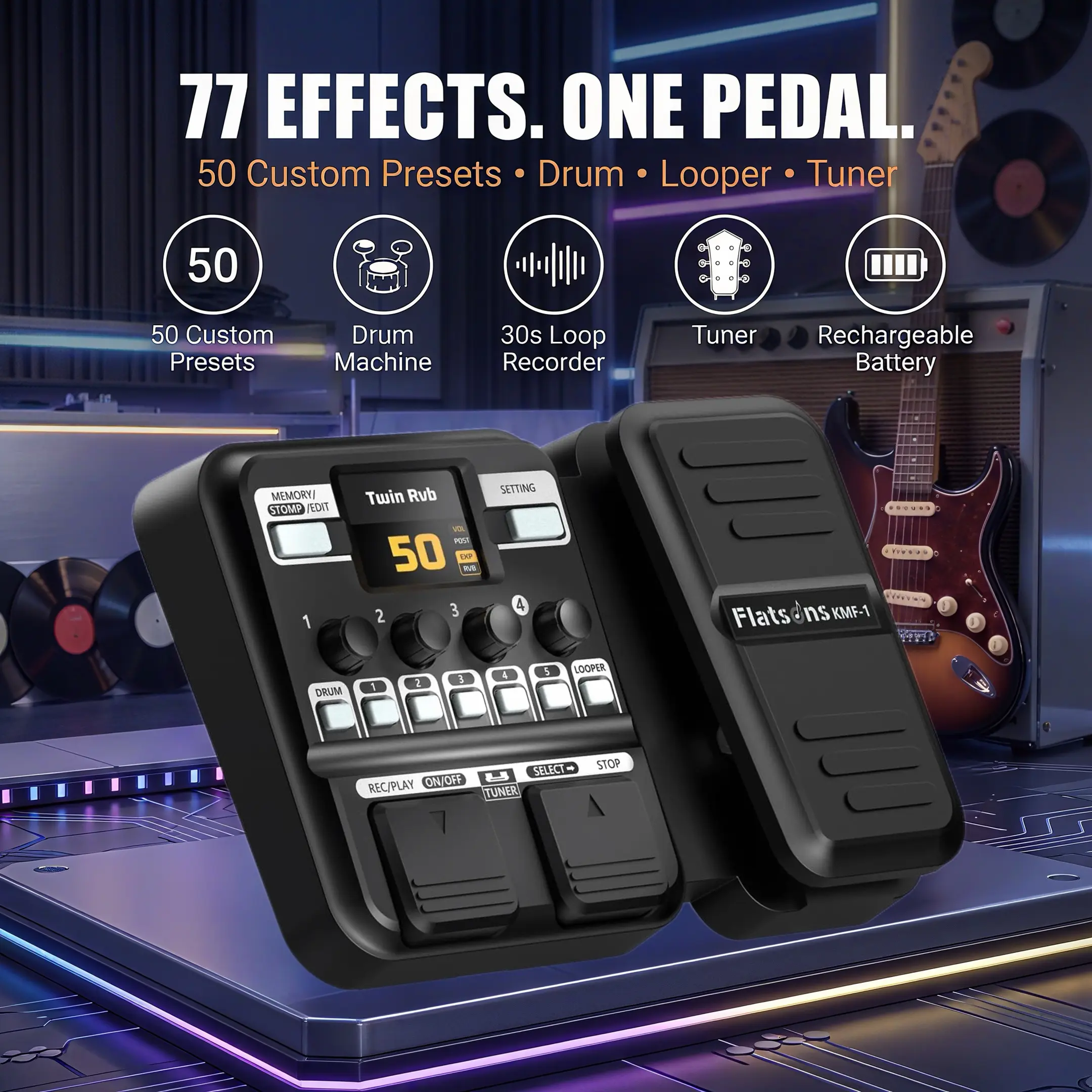 Flatsons-KMF-1 Portable Multi Effects Guitar Pedal with Loop & Drum Machine, 77 Effects, 50 Presets, 42 Drum Rhythms, 18 Amplifier/Cabinet, Upgraded Color Screen, Aux In, Batteries for Studio, Stage Use & Music Gifts