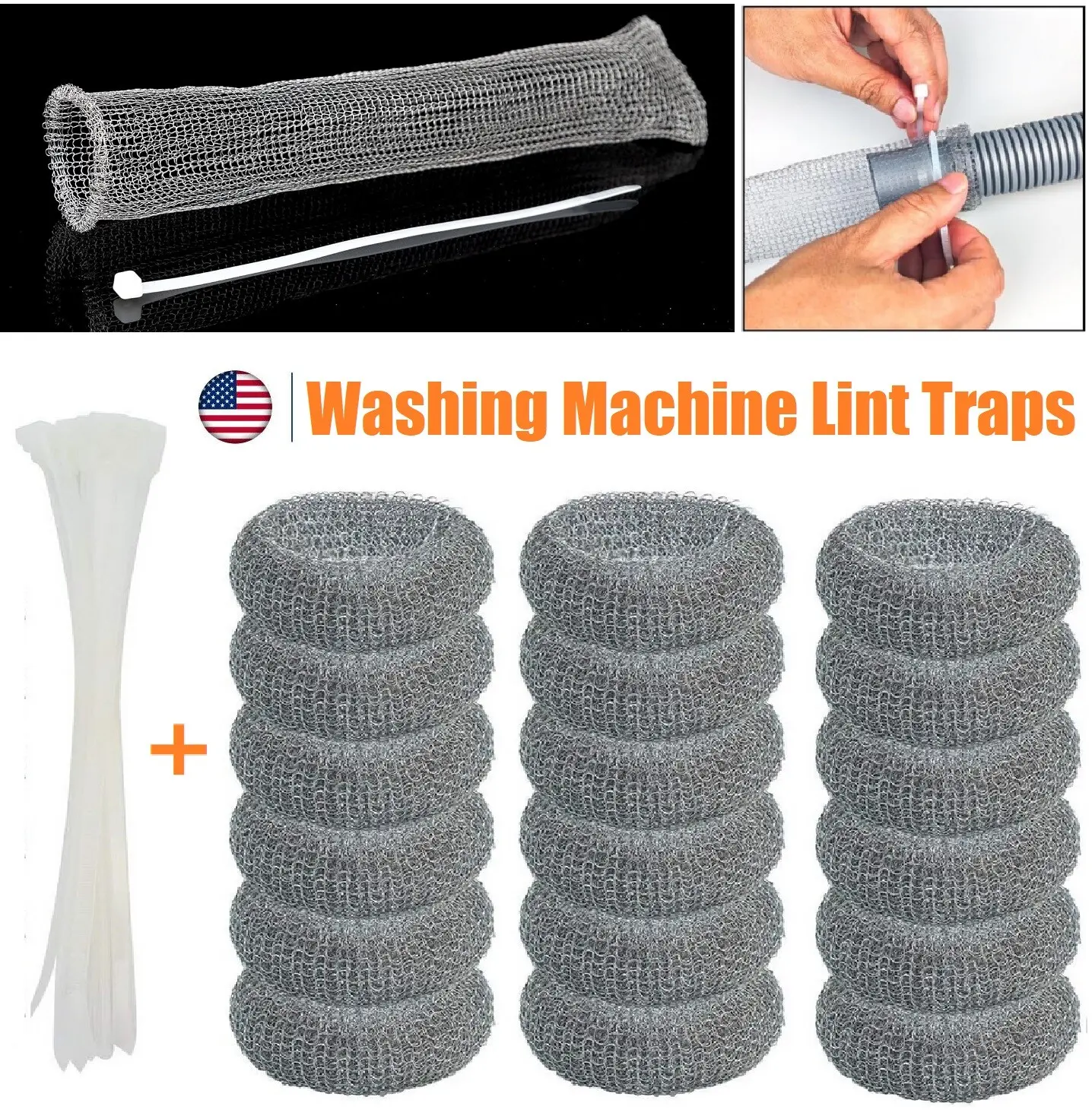 72× Washing Machine Lint Traps Snare Drain Filter Screen Steel Wire Mesh Ties US