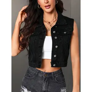 Women's Front Button Sleeveless Pocket Casual Denim Jacket Cotton Fabric