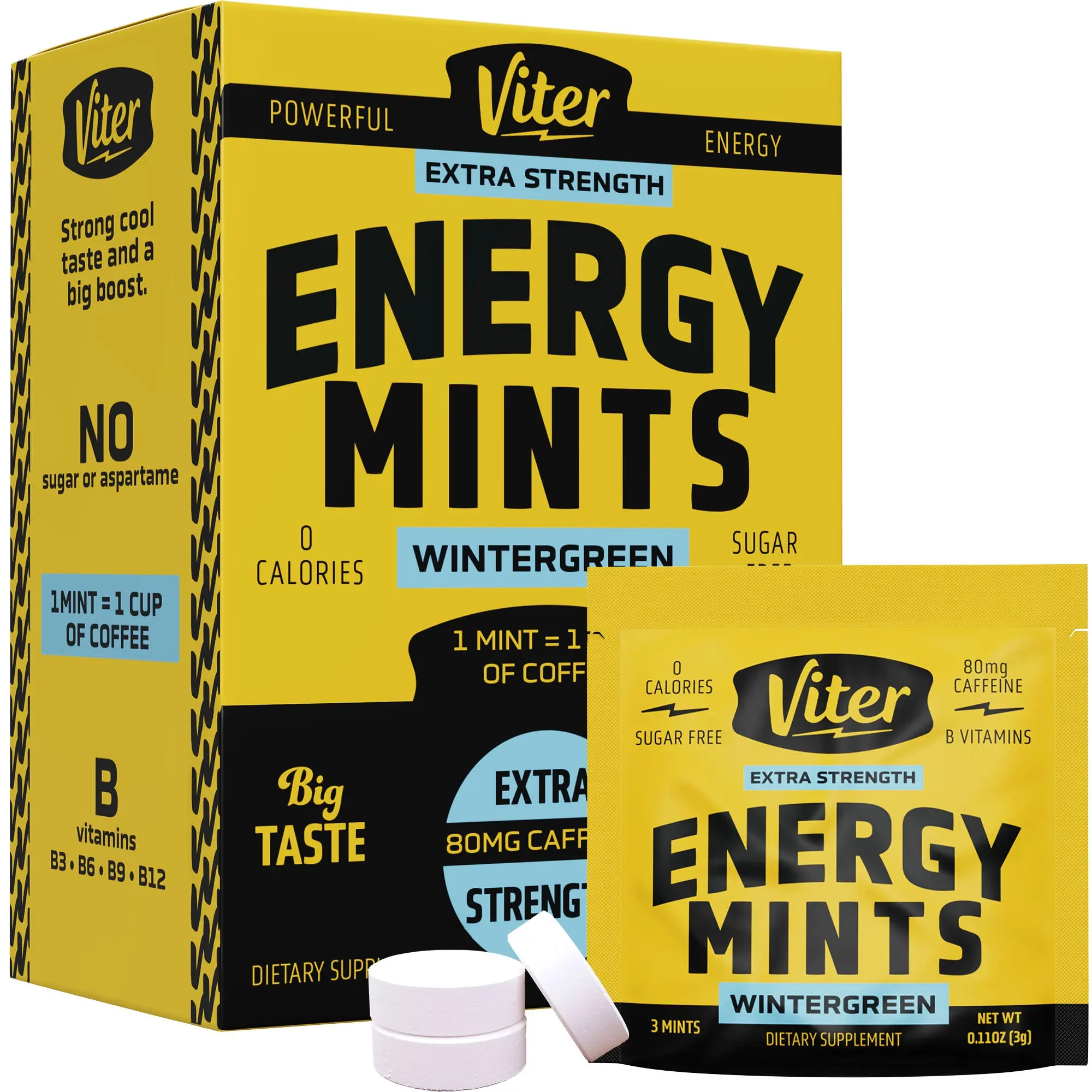 Wintergreen / Peppermint Extra Strength Energy Mint – Travel Pack of 3 | 80mg Caffeine per Mint - Fast-Acting Mints for Focus & Fresh Breath - Sugar-Free Mints for Morning, Afternoon Meetings & Long Drives - Portable Pocket-Fit Energy Supplement