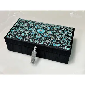 9" x 5" Black Silk Keepsake Box with Turquoise Zardozi Embroidery and Gemstones