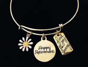 Retirement Charm Bracelet – Adjustable Gold Bangle with Happy Retirement, Daisy & Inspirational Charms – Handmade Jewelry Gift