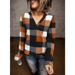 Women's Basic Casual V-Neck Plaid Print Cuffed Long Sleeve Work Shirt