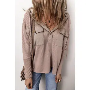 Dark Brown Flap Pocket Patchwork Corded Drawstring Hoodie