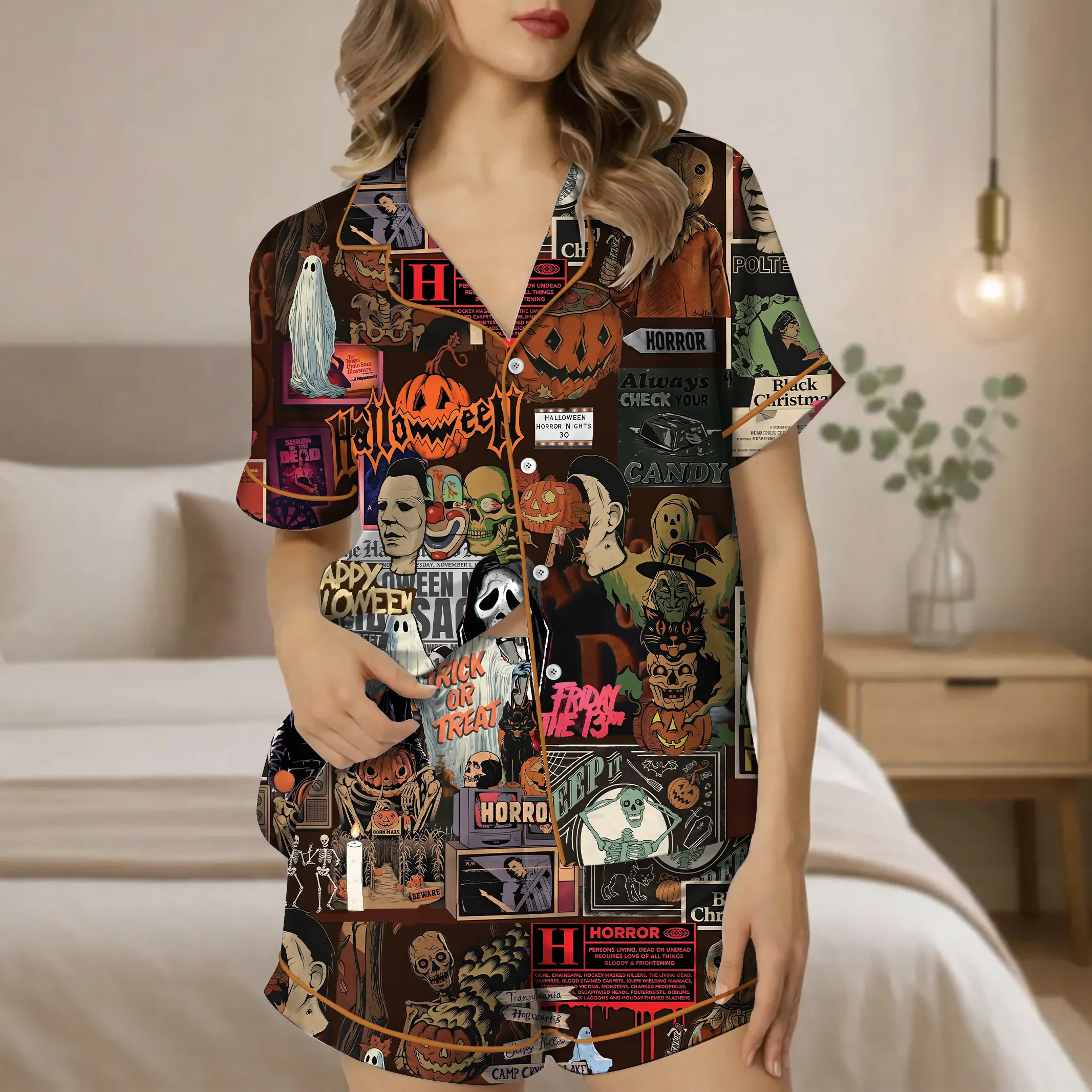 Women’s Retro Horror Movie Halloween Enjoyer Thri/ller Retro Ghost Pumpkin Short Sleeve Satin Pajama Set, Pajama Nighwear Set for Her