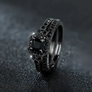 Unique Black Rins Set- Casual Style Engagement Rings for Women, Synthetic Zirconia Inlay, Perfect for Weddings & Daily Wear Valentine's Day Gift